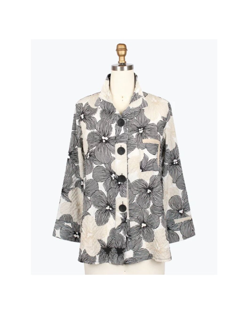 Damee Floral Pen Art Seersucker Jacket Black Off-White S